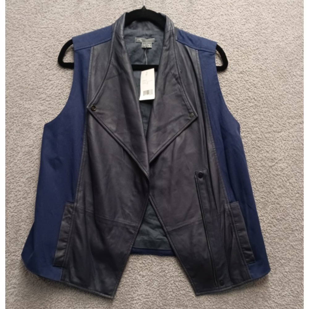 Minimalist Dark Academia Leather Drape Vest Vince NWT L Blue‎ Moto